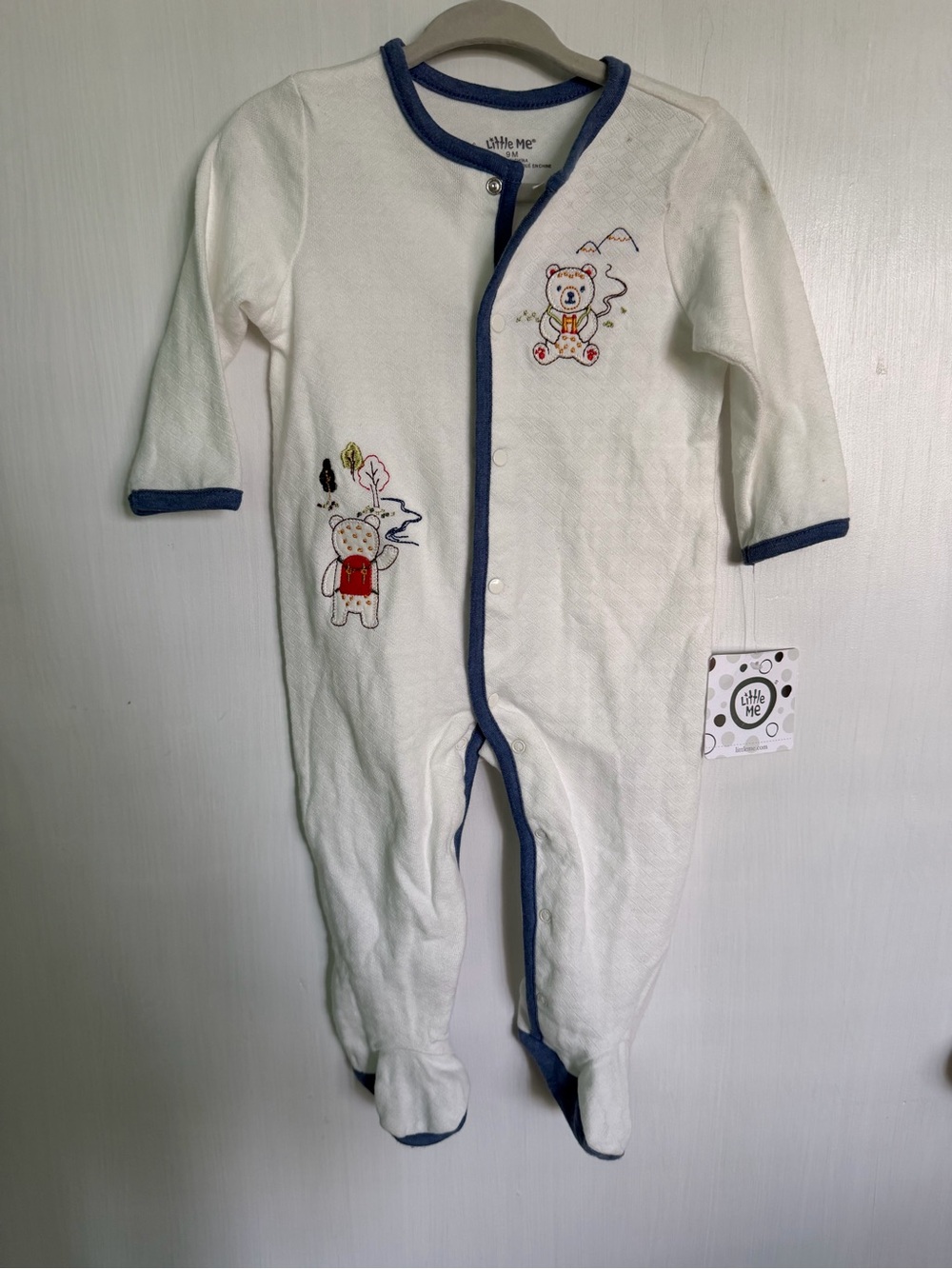 Little Me White Footed One-Piece with Navy Trim and Bear Embroidery